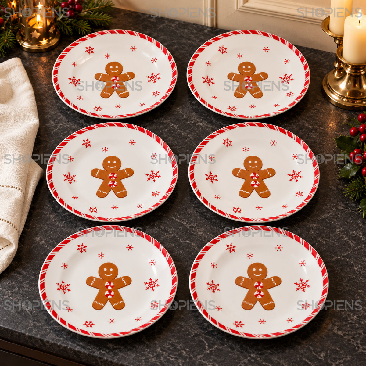 Set 6 farfurii din porțelan cu turtă dulce și bordură în dungi, Ø19 cm, detaliu al imprimeului și marginii, decor neinclus | Shopiens®