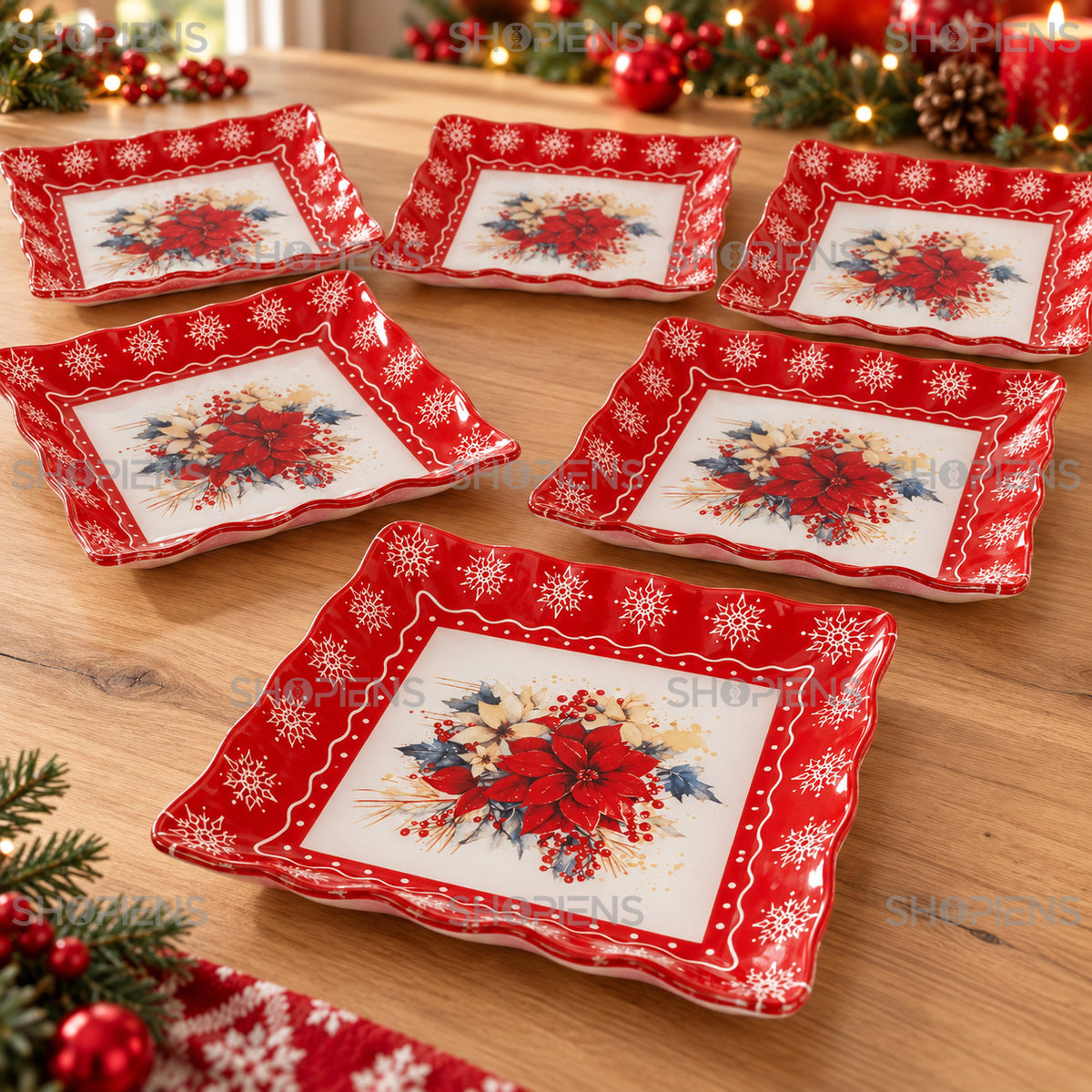 Set 6 farfurii de desert din sticlă cu crăciuniță, 17 × 17 cm, detaliu al imprimeului și marginii, decor neinclus | Shopiens®