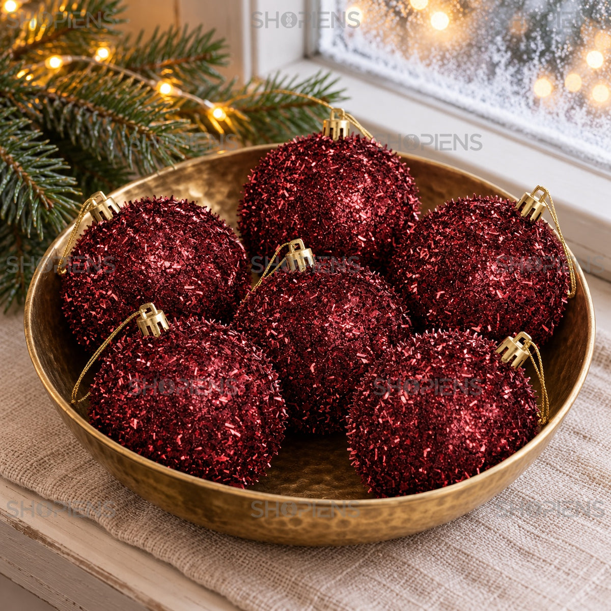 Set 6 globuri bordo cu sclipici, Ø8 cm, aranjament festiv, decor neinclus | Shopiens®