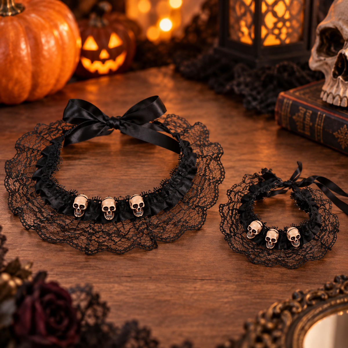 Set Gotic Cu Choker Si Bratara Din Dantela Cu Cranii - lifestyle principala - Shopiens