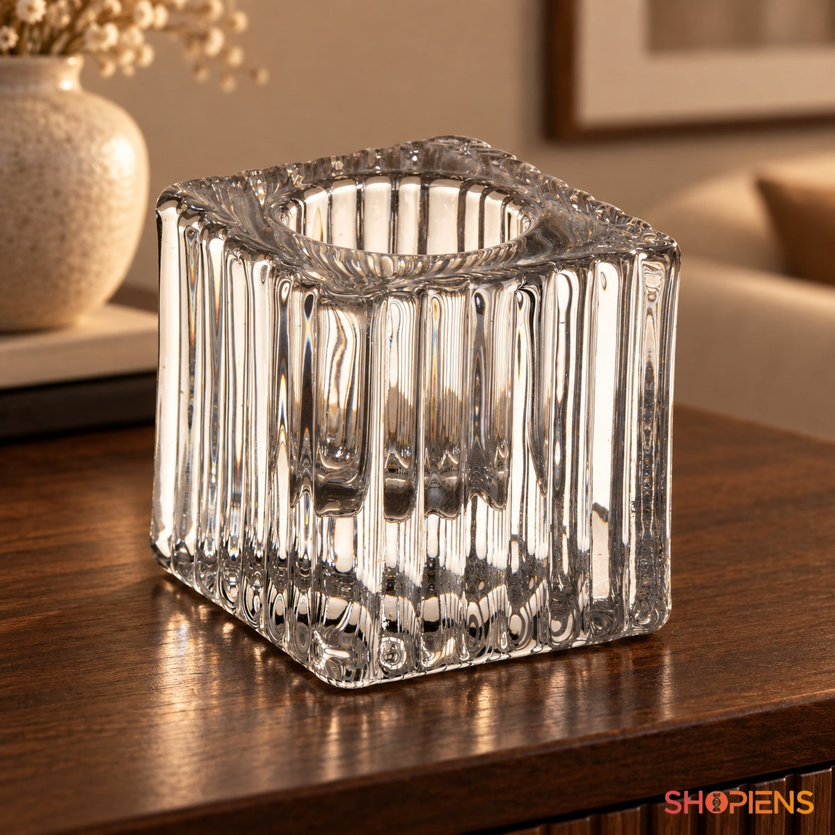 Sfeșnic Cubic din Sticlă cu Striații Verticale, 4 cm