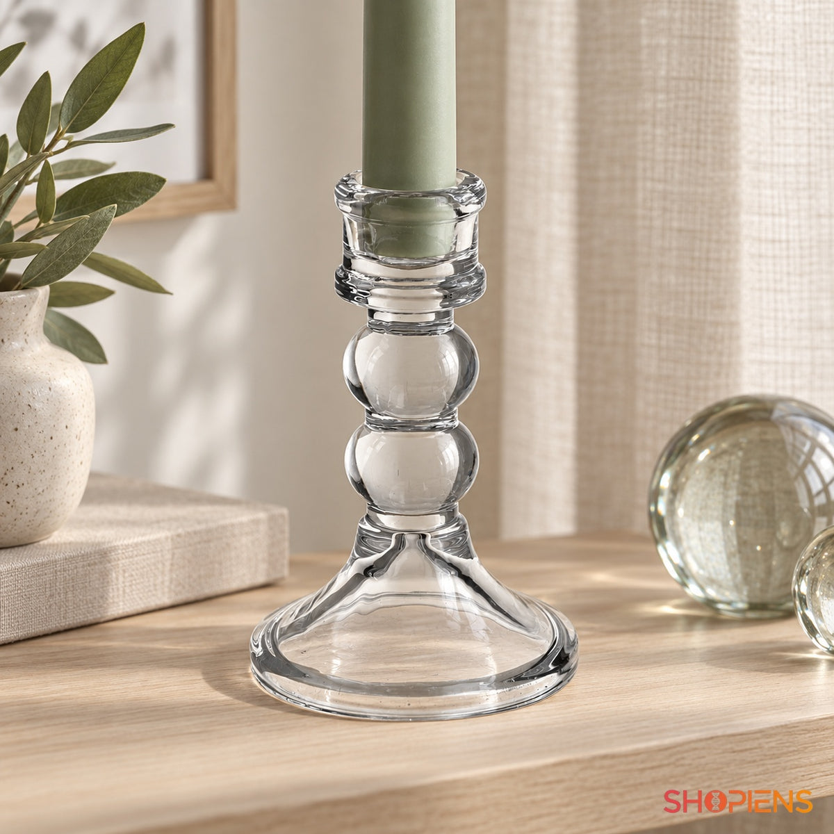 Sfeșnic din Sticlă cu Picior cu Bile Decorative, 13 cm