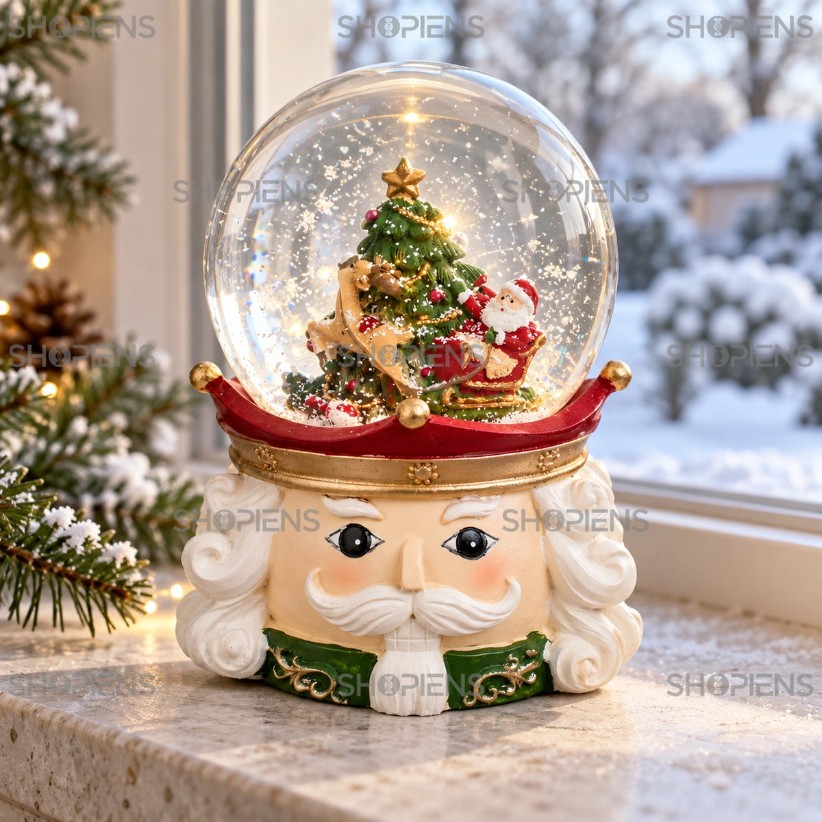 Spărgător de nuci cu glob muzical și LED, 15 cm lângă fereastră, în decor de iarnă | Shopiens®