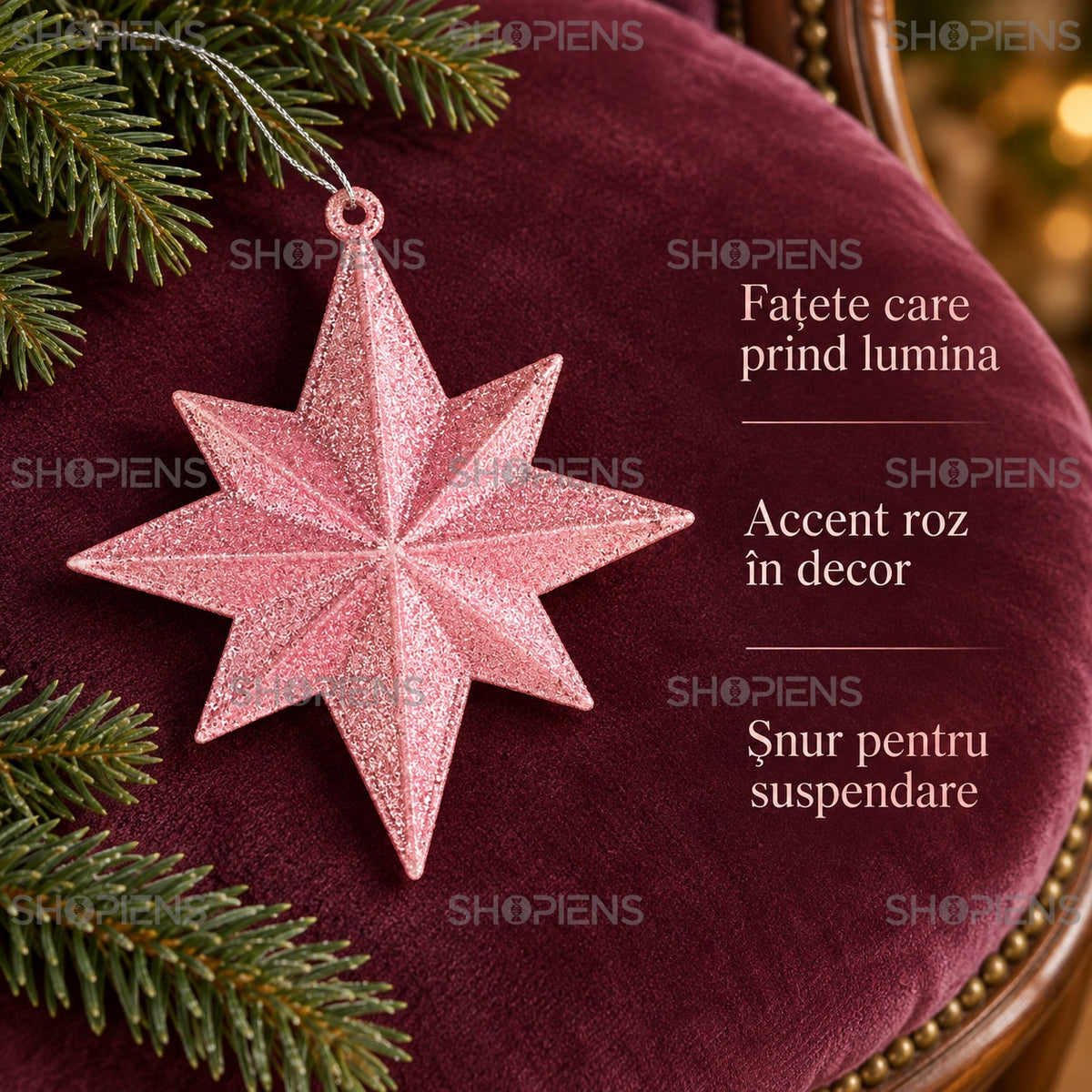 Ornament stea roz fațetată pentru brad, 10 cm – detalii decorative – Shopiens