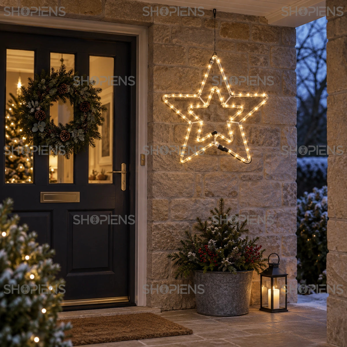 Stea dublă LED alb cald, 56 × 56 cm, pe o verandă din piatră | Shopiens®