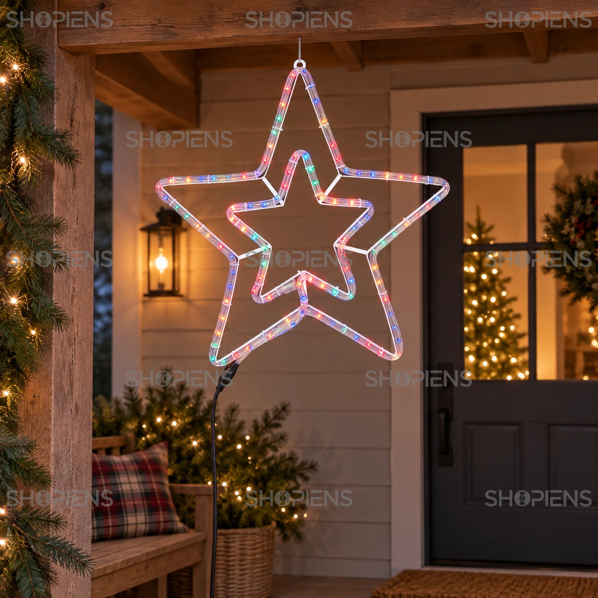 Stea dublă LED multicoloră de 57 cm pe o verandă din lemn | Shopiens®