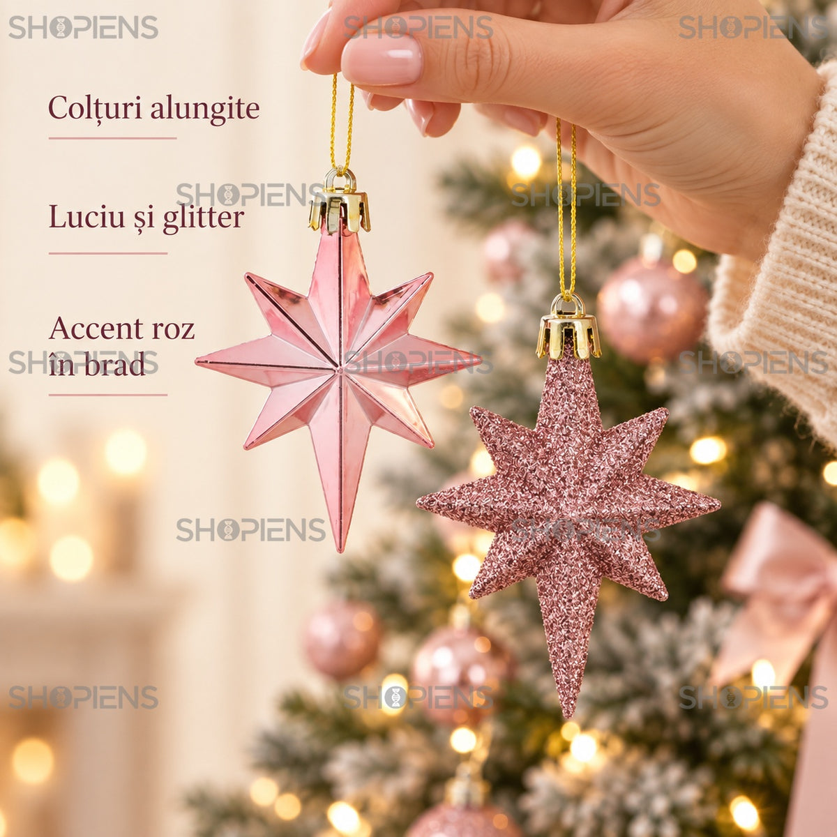 Stele roz alungite pentru brad, set 12, 8 cm – formă și finisaje – Shopiens