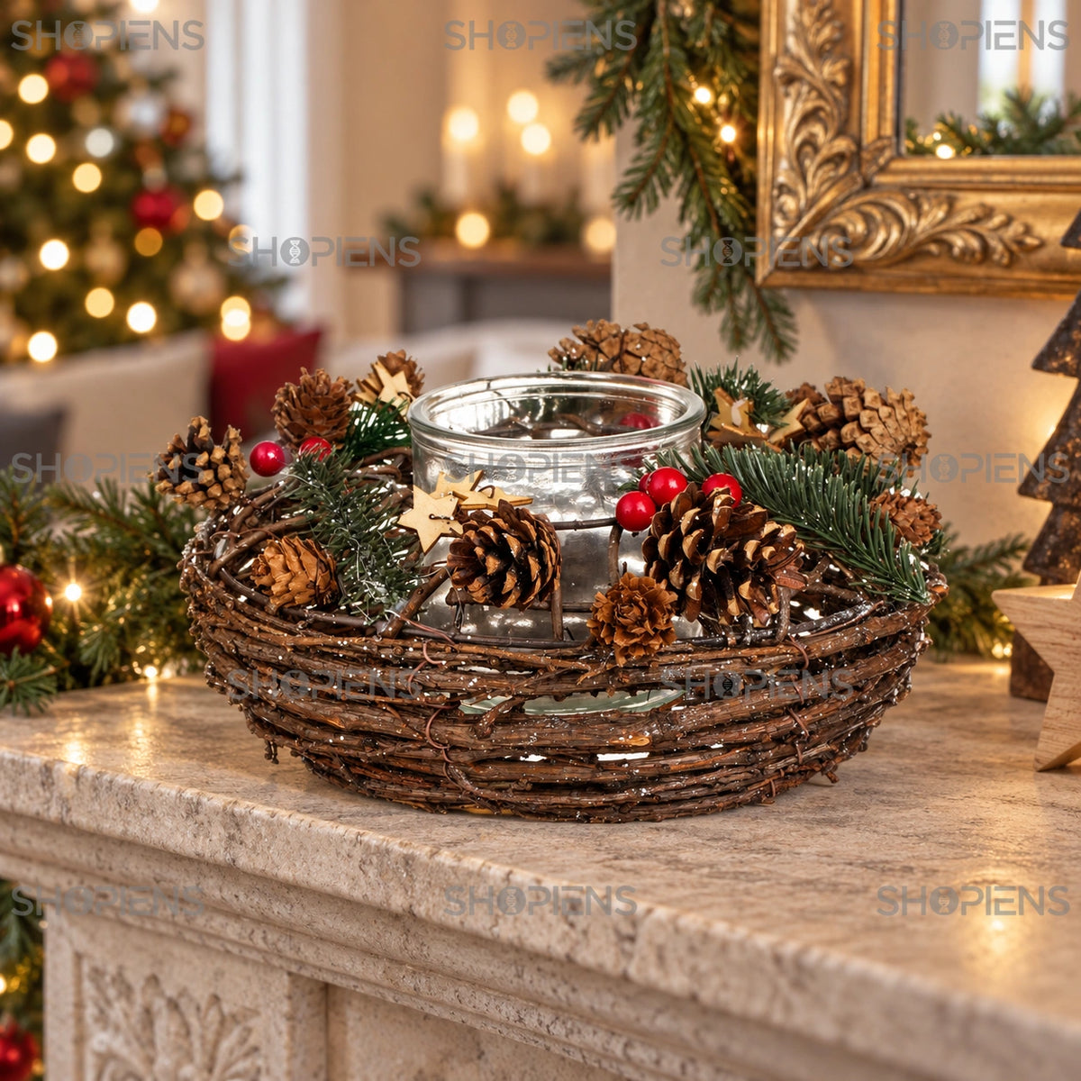 Suport rotund de lumânare cu conuri și vâsc, 23 cm în decorul unei camere de sărbători | Shopiens®