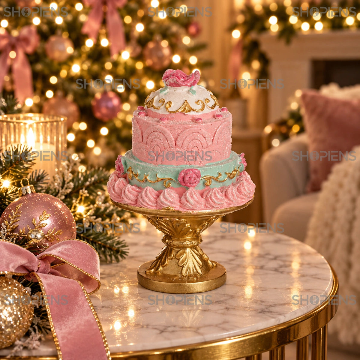 Tort ornamental pastel pe picior auriu, 17 cm într-un decor de seară cu lumini de Crăciun | Shopiens®