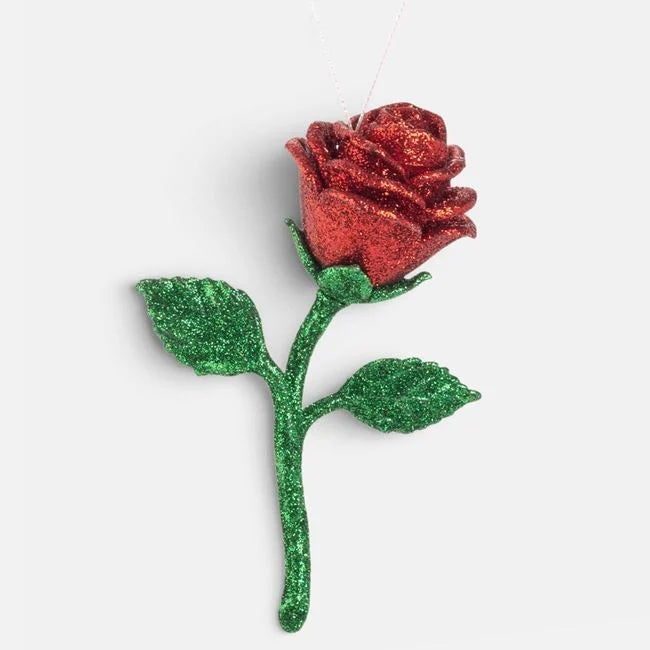 Trandafir roșu cu glitter pentru brad, 12 cm, vedere produs | Shopiens®