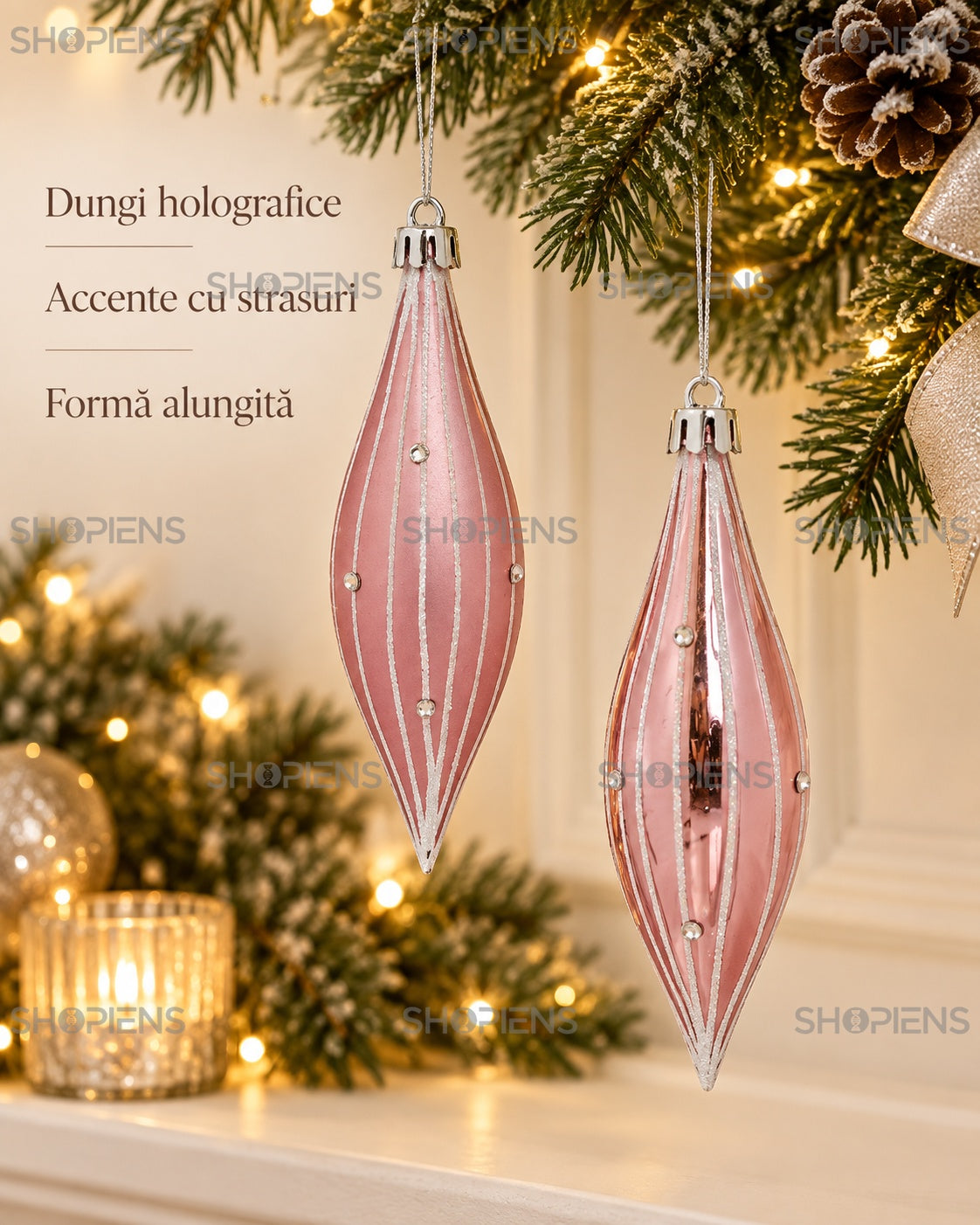 Țurțuri roz cu dungi holografice, set 3, 14 cm – dungi holografice și strasuri – Shopiens
