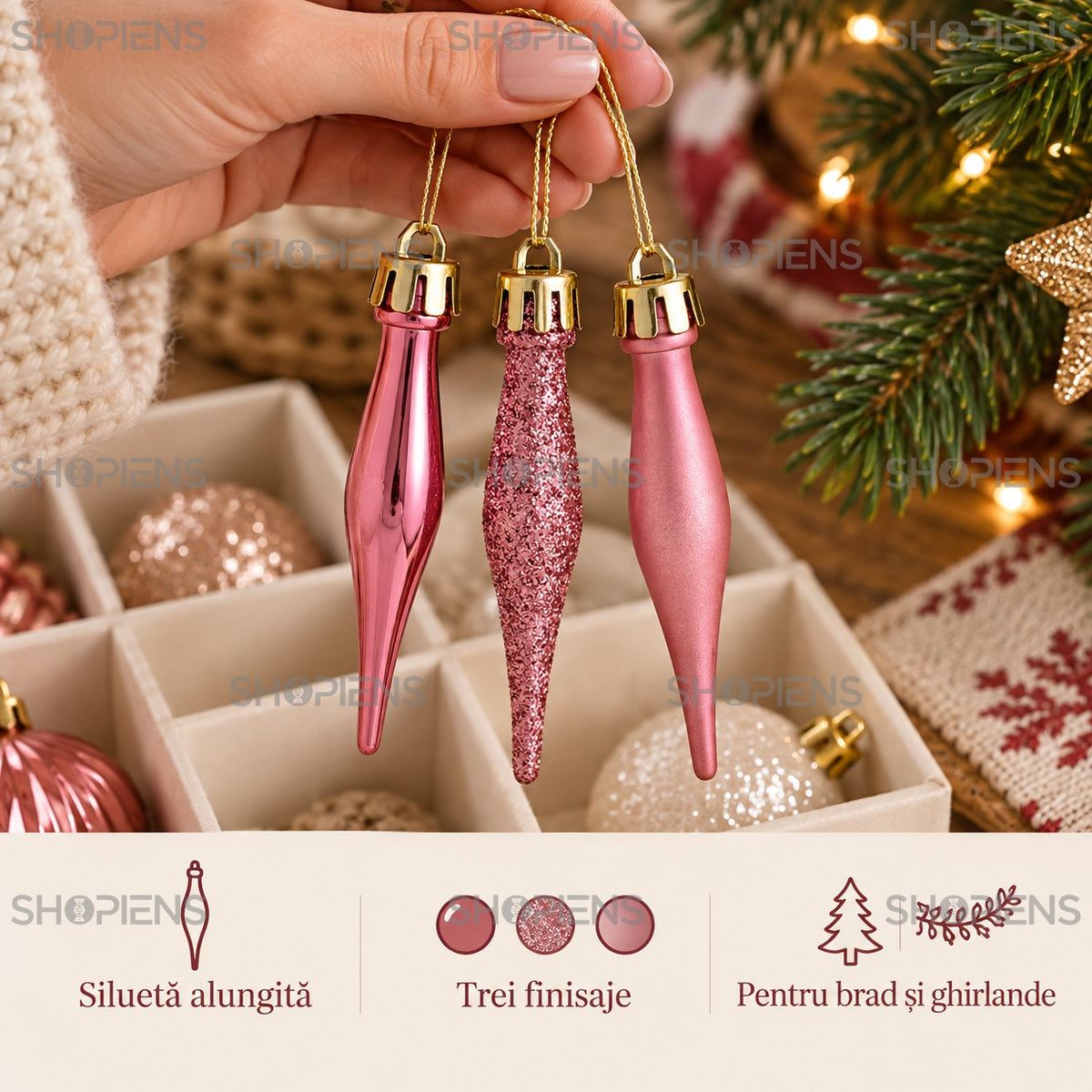 Set 18 țurțuri roz pentru brad, 8 cm – formă, finisaje și utilizare – Shopiens