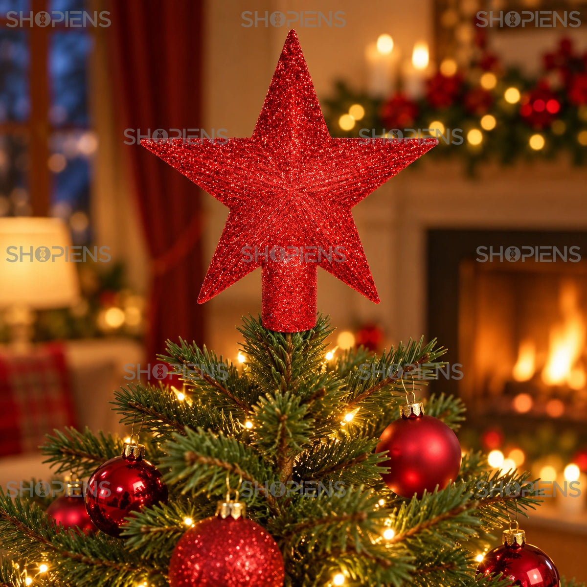 Vârf pentru brad stea roșie cu glitter, 15 cm în vârful bradului, într-un decor de seară cu lumini calde | Shopiens®