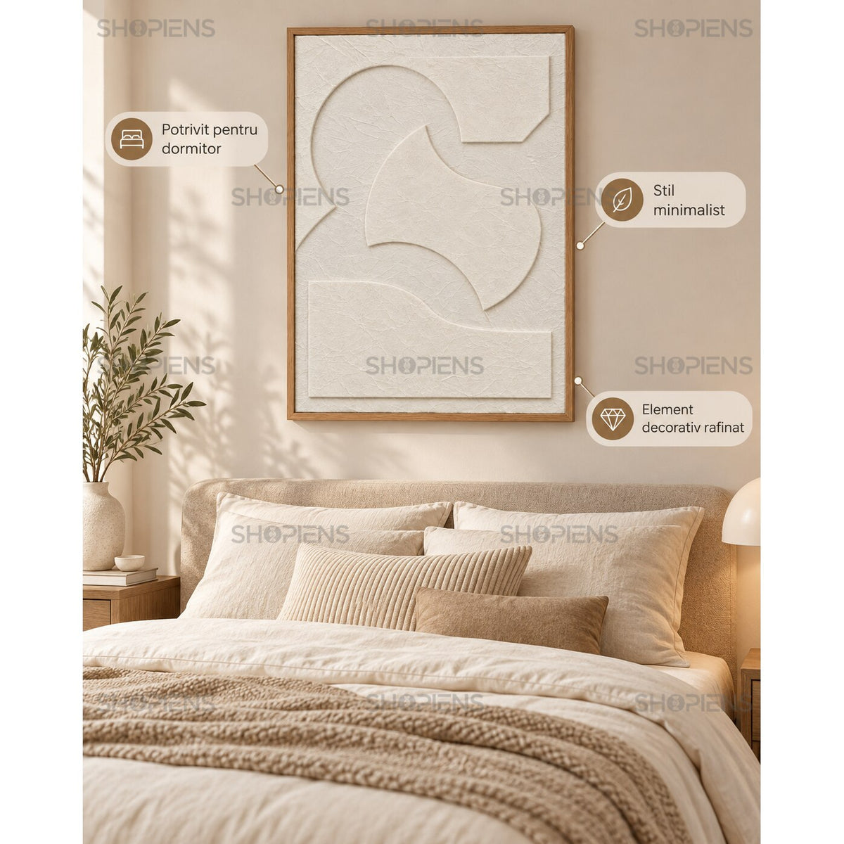 Tablou abstract modern cu cercuri și forme organice în relief, crem-bej, 42x52 cm Shopiens – în dormitor deasupra patului