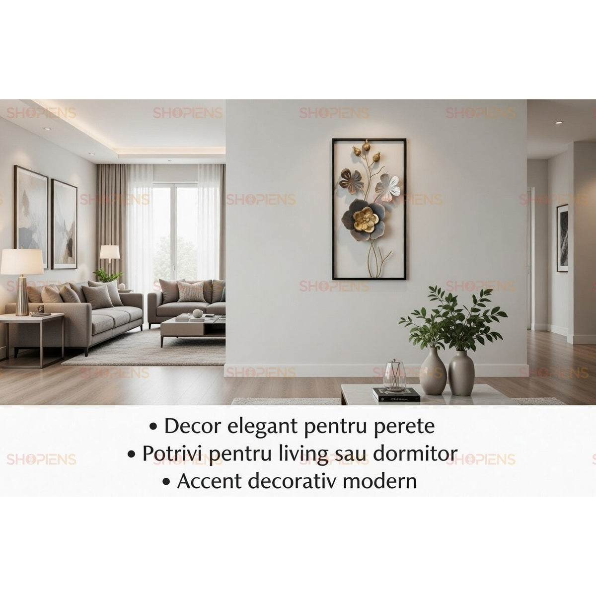 Tablou cu flori 3D din metal auriu, alb și gri, ramă neagră, 25x50 cm Shopiens – în living modern