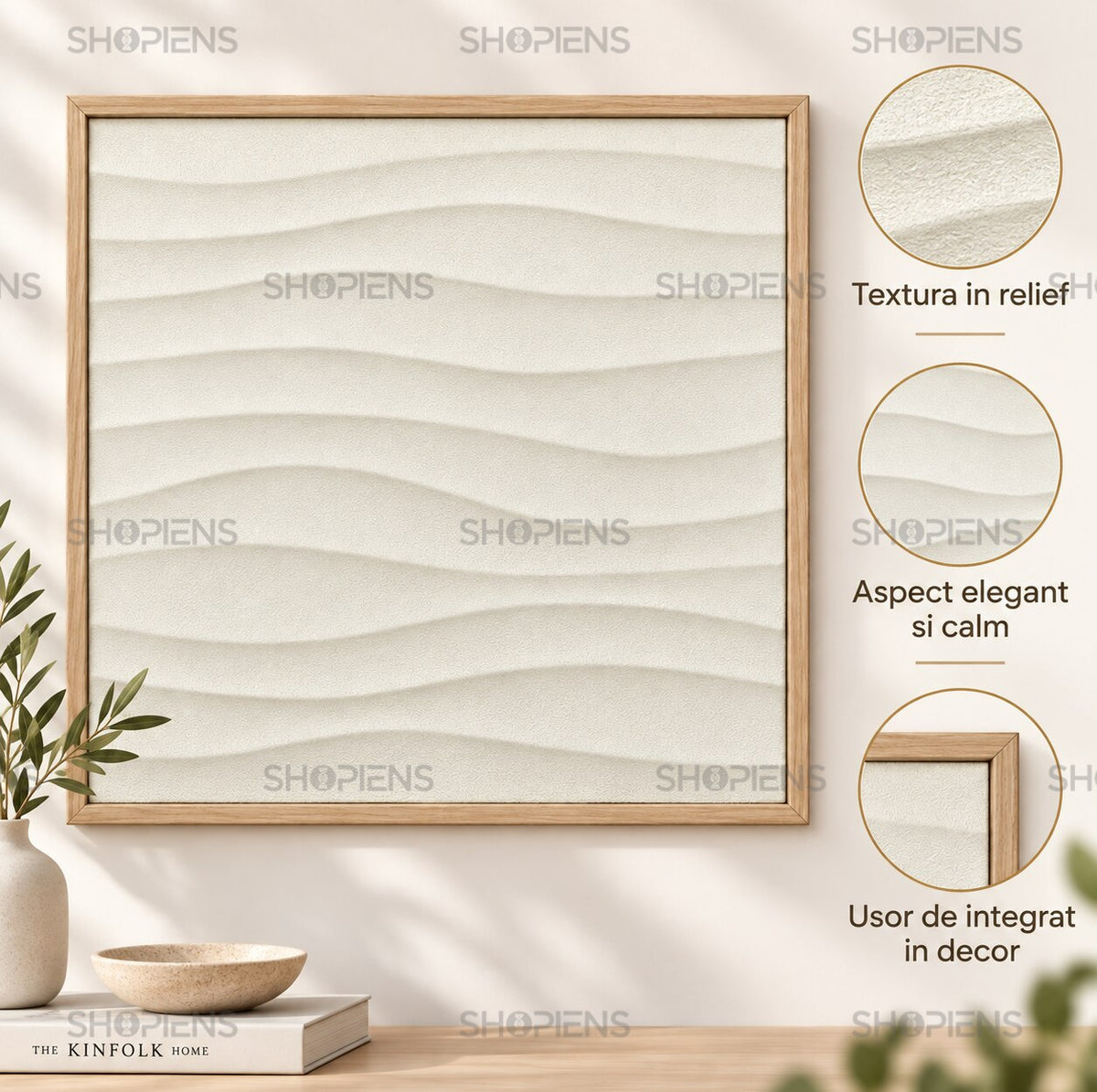 Tablou zen cu valuri 3D în relief, bej cu efect de nisip, 52x52 cm Shopiens – detalii textură în relief și ramă