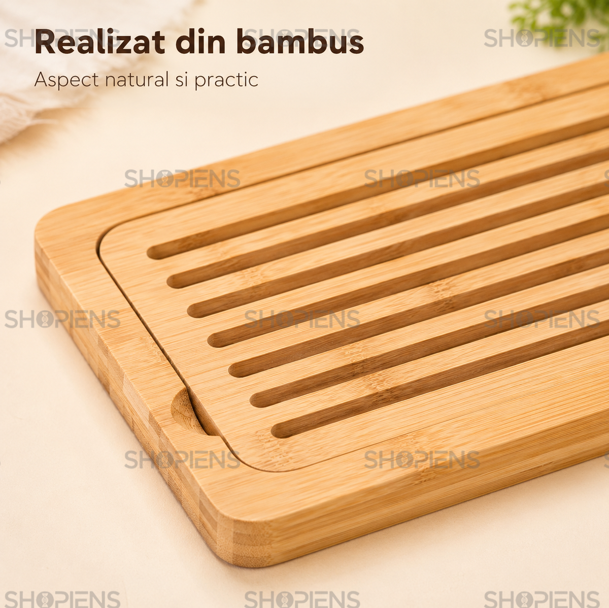 Tocator pentru paine din bambus, cu tava pentru firimituri, 40cm x 20cm x 2cm