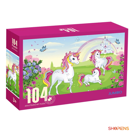 Puzzle cu unicorni, castel și curcubeu, 104 piese