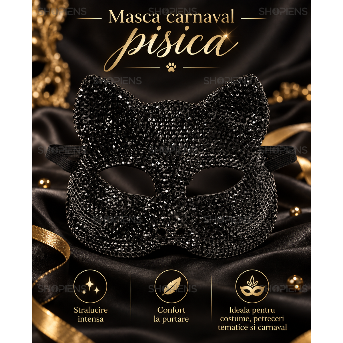 Masca Feline De Dama, Neagra Cu Strasuri - imaginea 2
