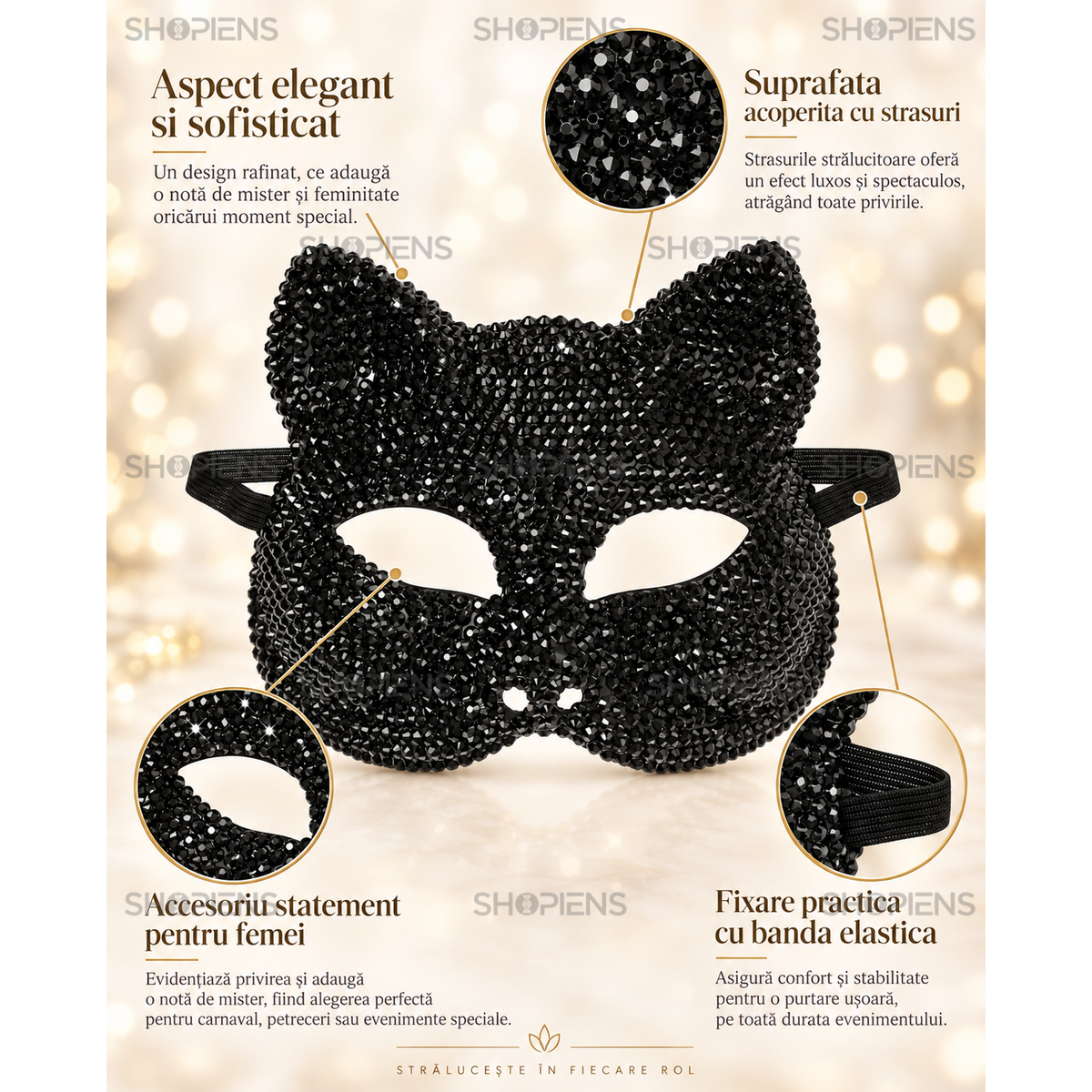 Masca Feline De Dama, Neagra Cu Strasuri - imaginea 3