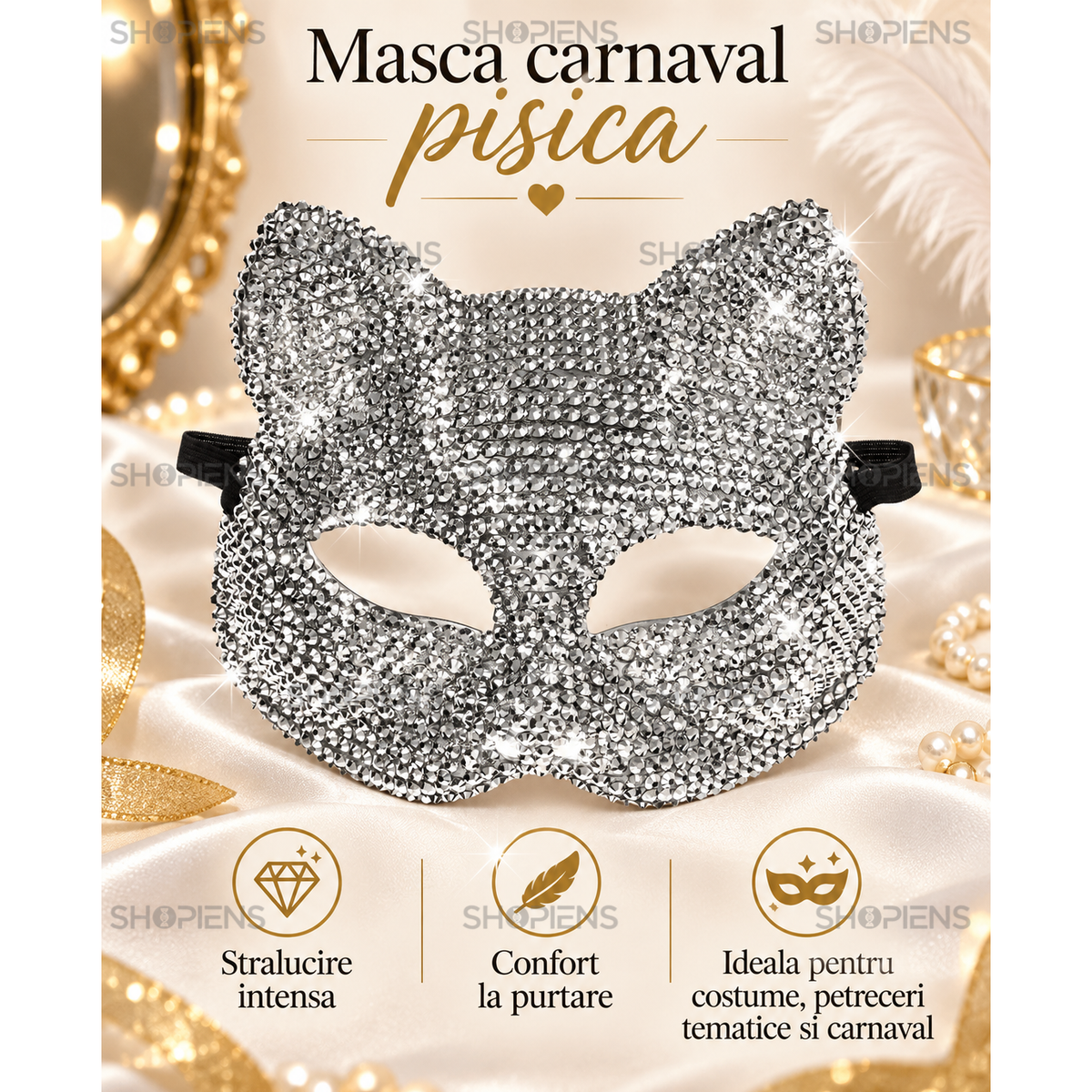 Pisica Glamour: Masca De Dama Cu Strasuri Argintii - imaginea 2
