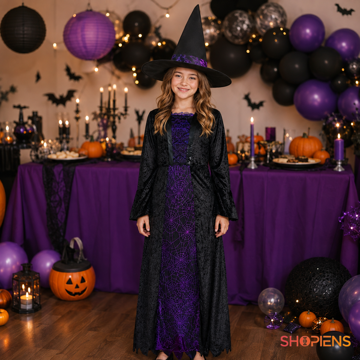 Rochie De Vrajitoare Negru-Mov Pentru Fete, 10 Ani - imaginea 1