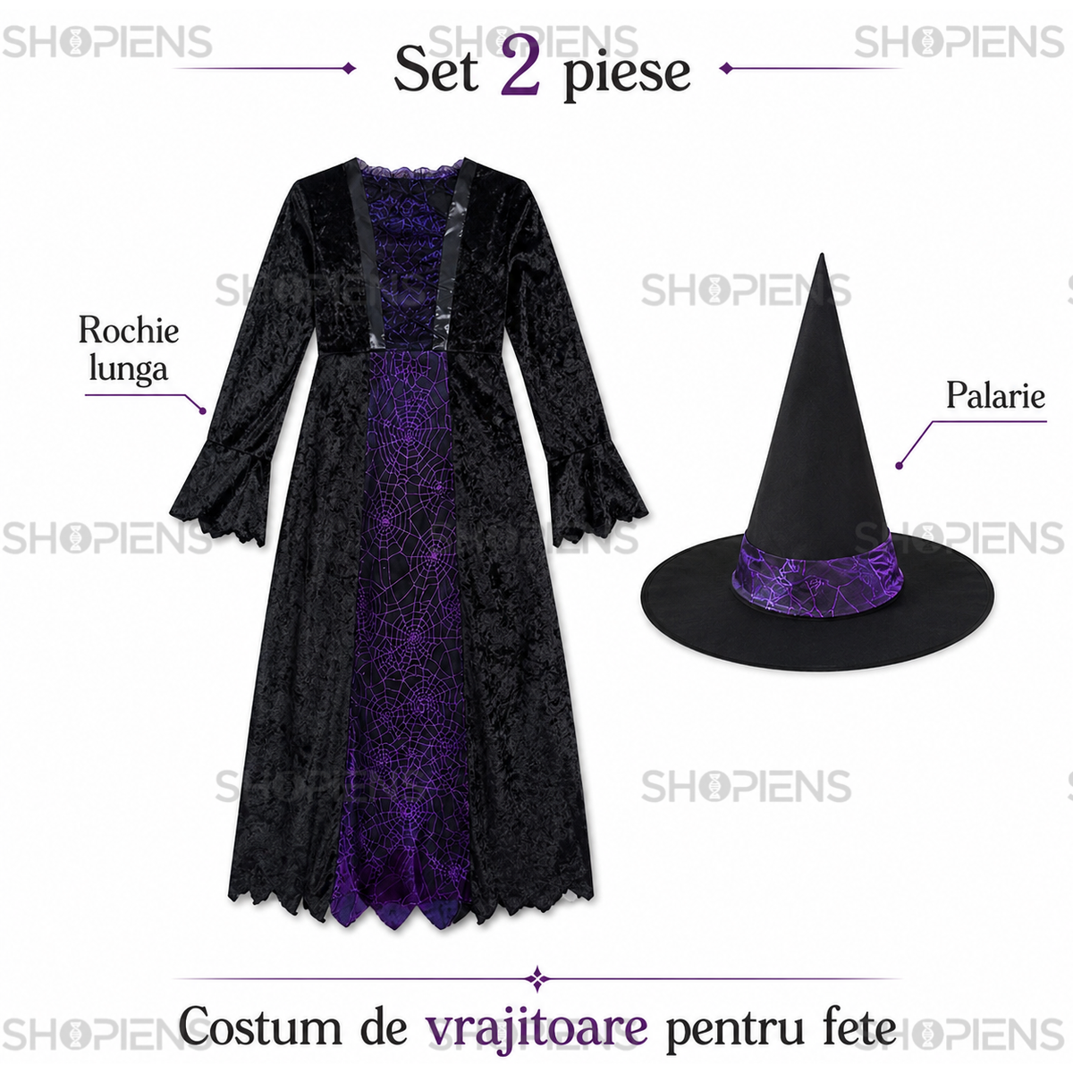 Rochie De Vrajitoare Negru-Mov Pentru Fete, 10 Ani - imaginea 4