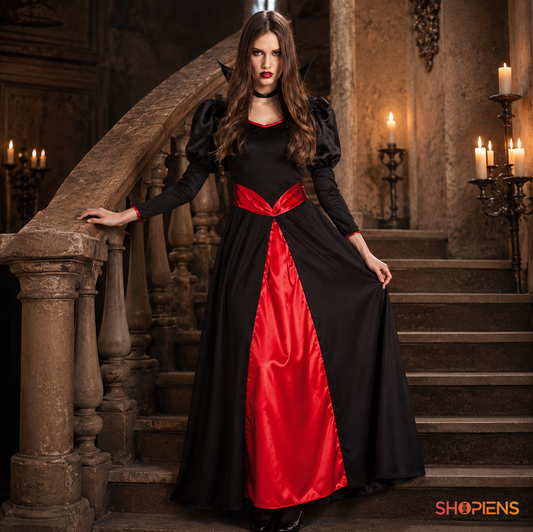 Costum De Dama Vampirita, Cu Corset Si Rochie Negru-Rosu - imaginea 1