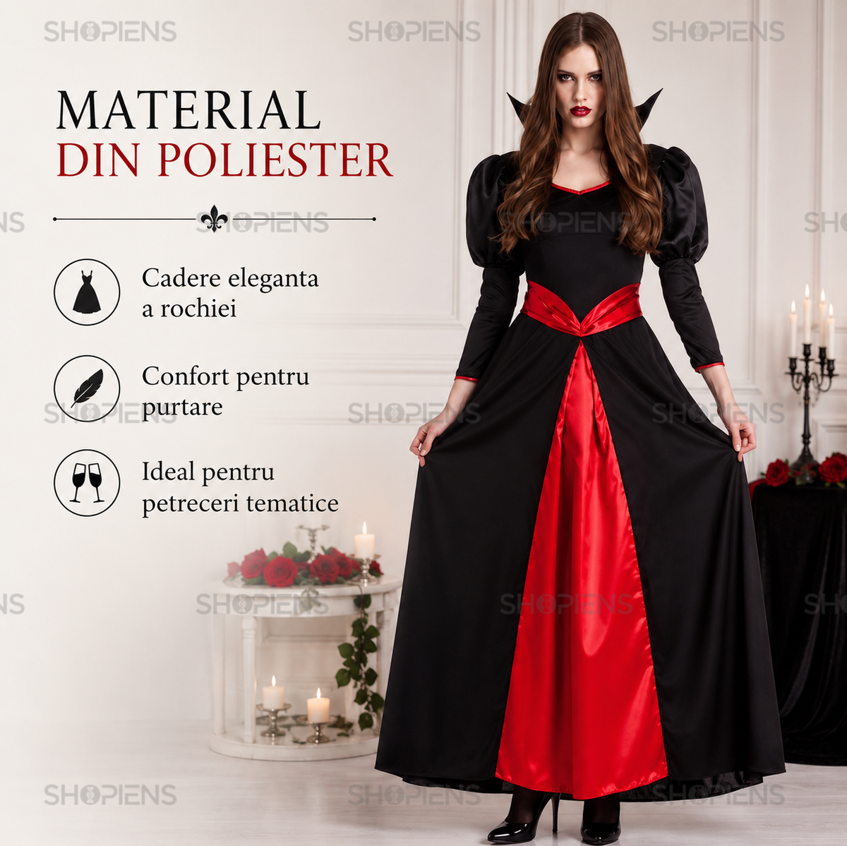 Costum De Dama Vampirita, Cu Corset Si Rochie Negru-Rosu - imaginea 4