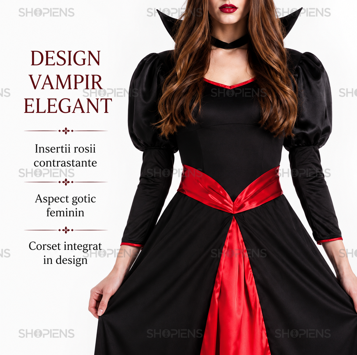 Costum De Dama Vampirita, Cu Corset Si Rochie Negru-Rosu - imaginea 5