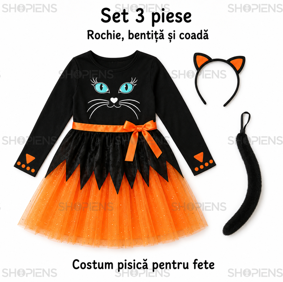 Costum Pisicuta Pentru Fete, Negru-Portocaliu 6 Ani - imaginea 4