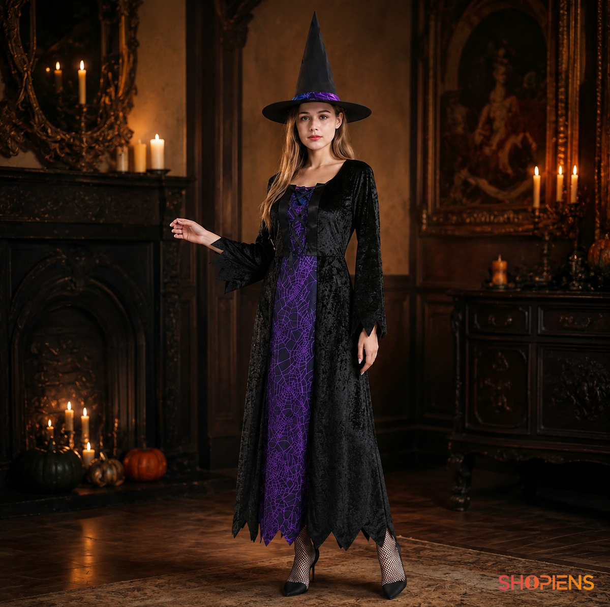 Vrajitoare De Halloween: Costum De Dama Cu Rochie Si Palarie - imaginea 1