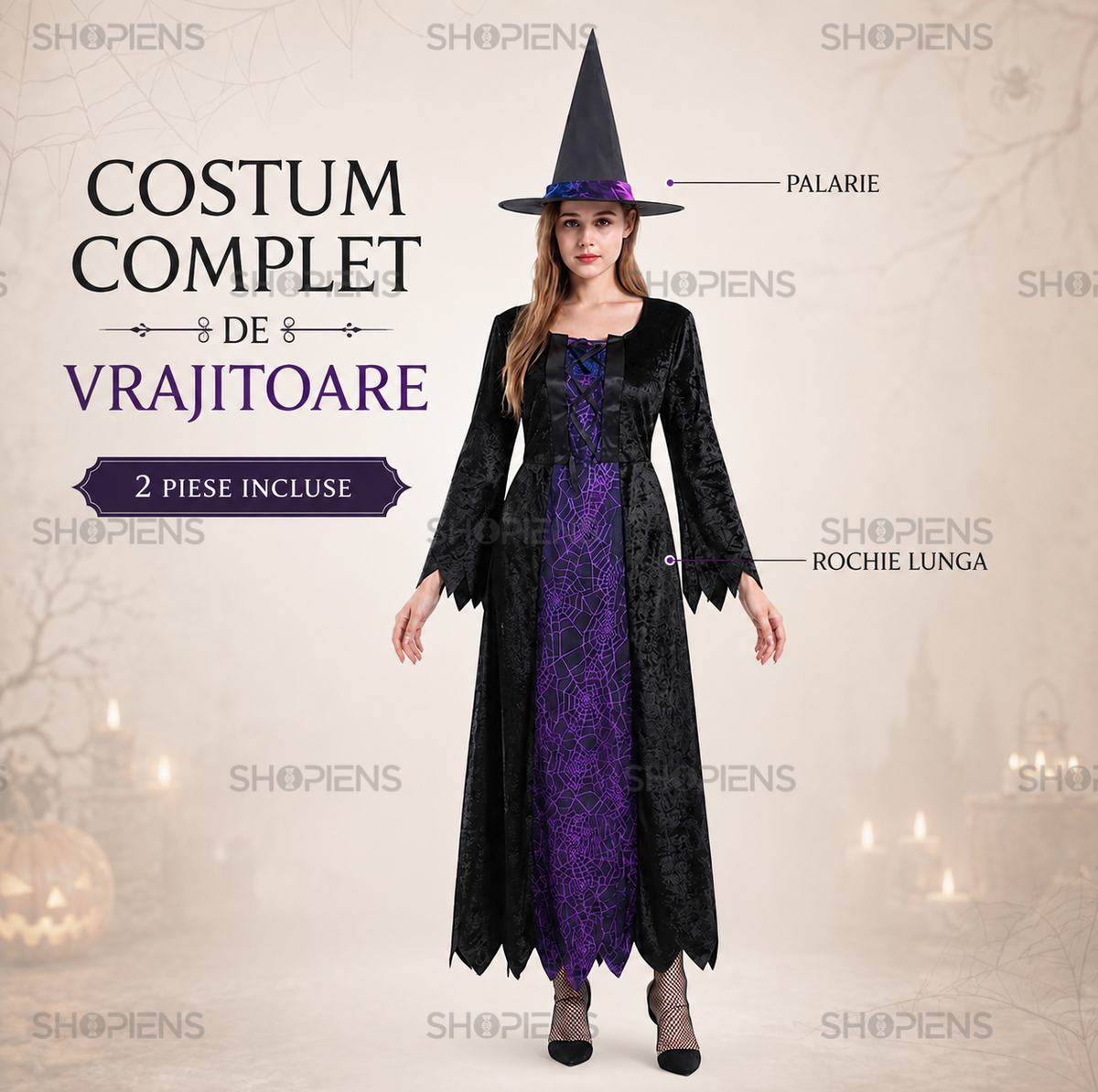 Vrajitoare De Halloween: Costum De Dama Cu Rochie Si Palarie - imaginea 2