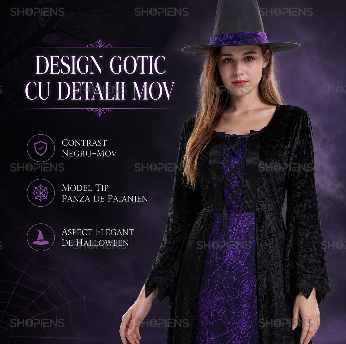 Vrajitoare De Halloween: Costum De Dama Cu Rochie Si Palarie - imaginea 3