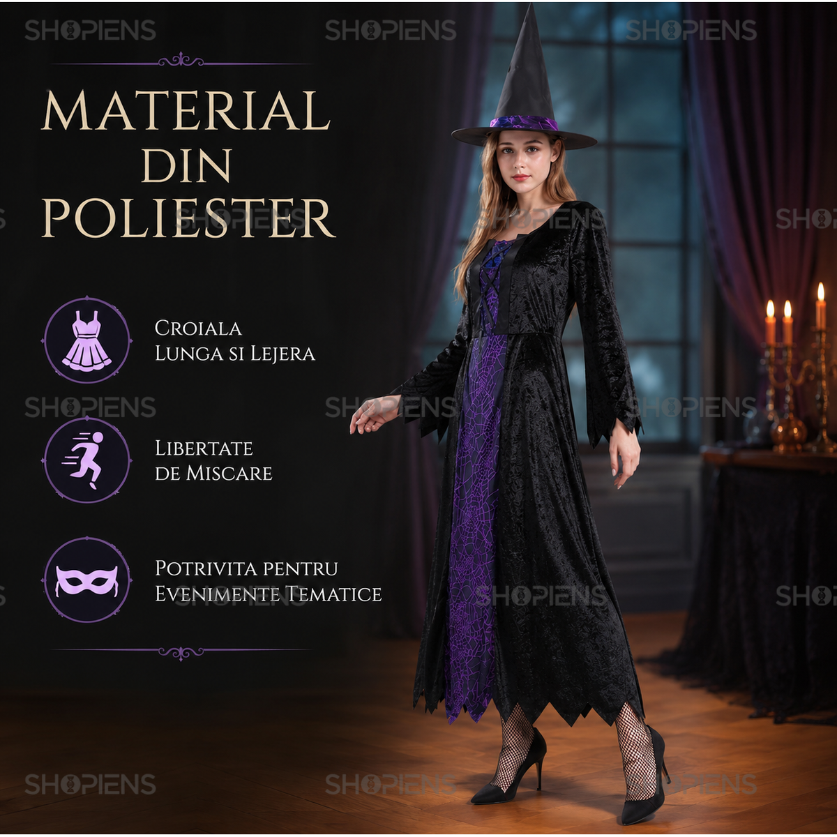 Vrajitoare De Halloween: Costum De Dama Cu Rochie Si Palarie - imaginea 5