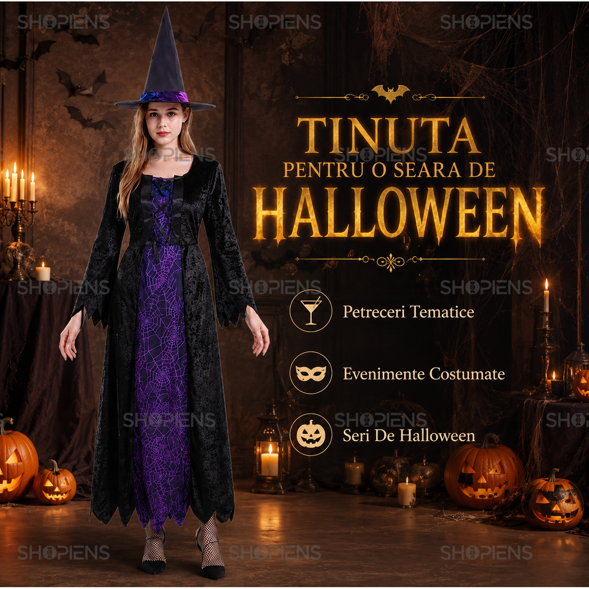 Vrajitoare De Halloween: Costum De Dama Cu Rochie Si Palarie - imaginea 6
