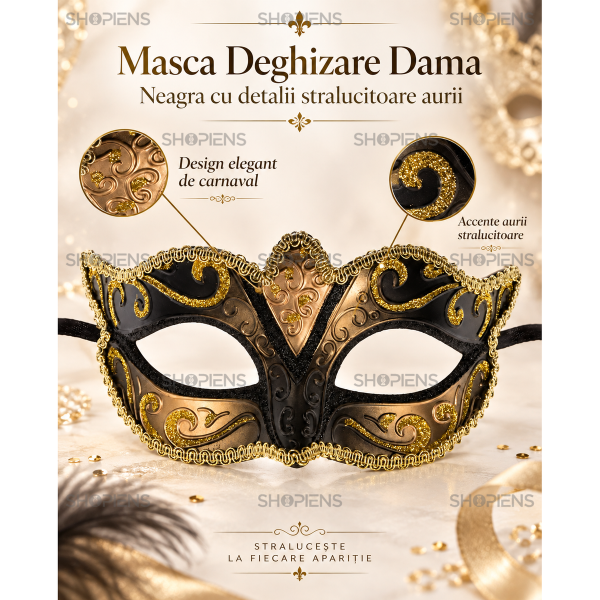 Masca De Dama Pentru Bal Mascat, Negru Si Auriu - imaginea 2
