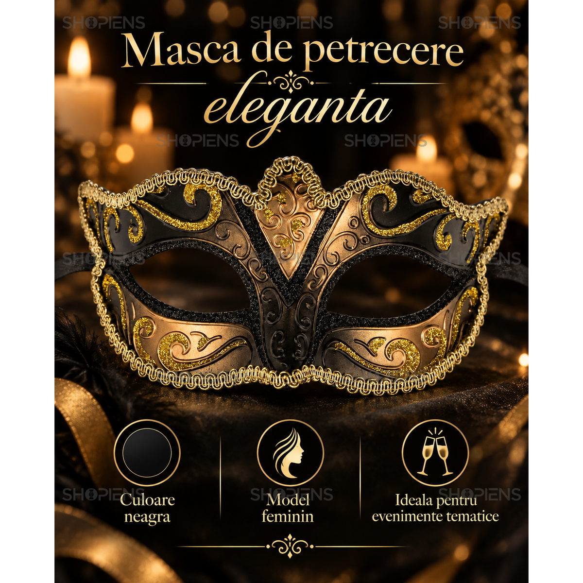 Masca De Dama Pentru Bal Mascat, Negru Si Auriu - imaginea 3
