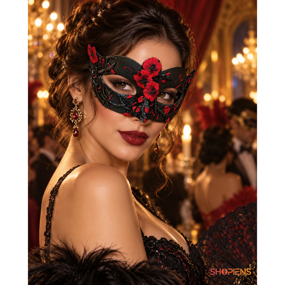 Masca De Carnaval Pentru Dama Cu Flori Rosii Brodate - imaginea 1