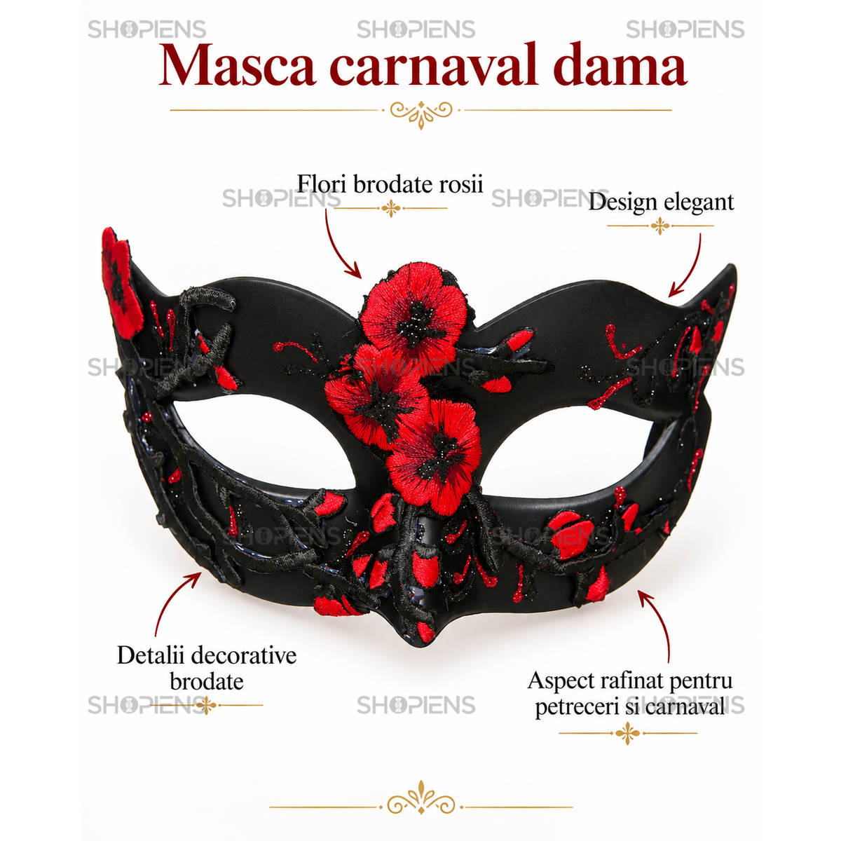 Masca De Carnaval Pentru Dama Cu Flori Rosii Brodate - imaginea 2