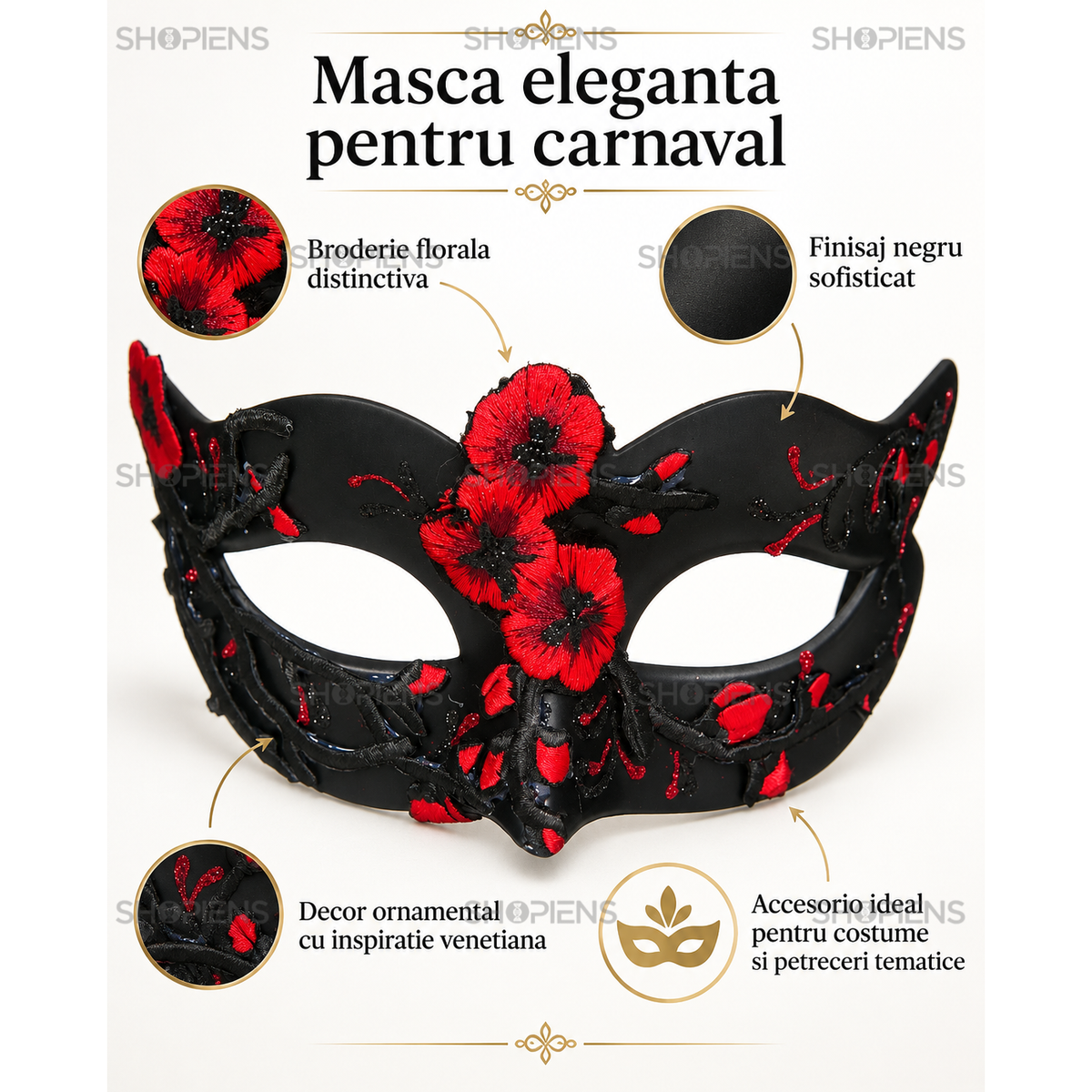 Masca De Carnaval Pentru Dama Cu Flori Rosii Brodate - imaginea 3