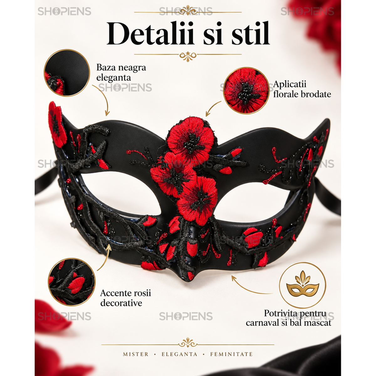 Masca De Carnaval Pentru Dama Cu Flori Rosii Brodate - imaginea 4
