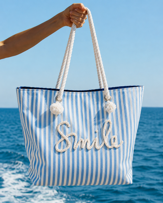 Geanta De Plaja Alba Cu Dungi Ciel Si Aplicatie Smile