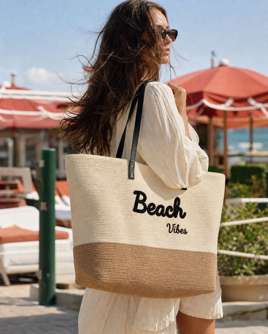 Geanta Mare De Plaja Beach Vibes Cu Baza Bej Si Manere Negre