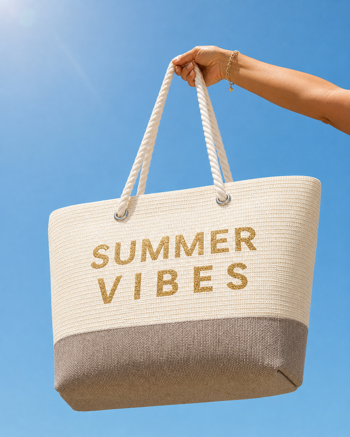 Geanta Plaja Bej Summer Vibes Cu Iuta Si Detalii Aurii