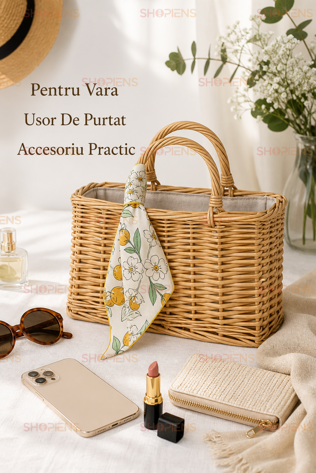 Geanta Tip Cos De Mana Din Paie Cu Batista Florala Pentru Vara