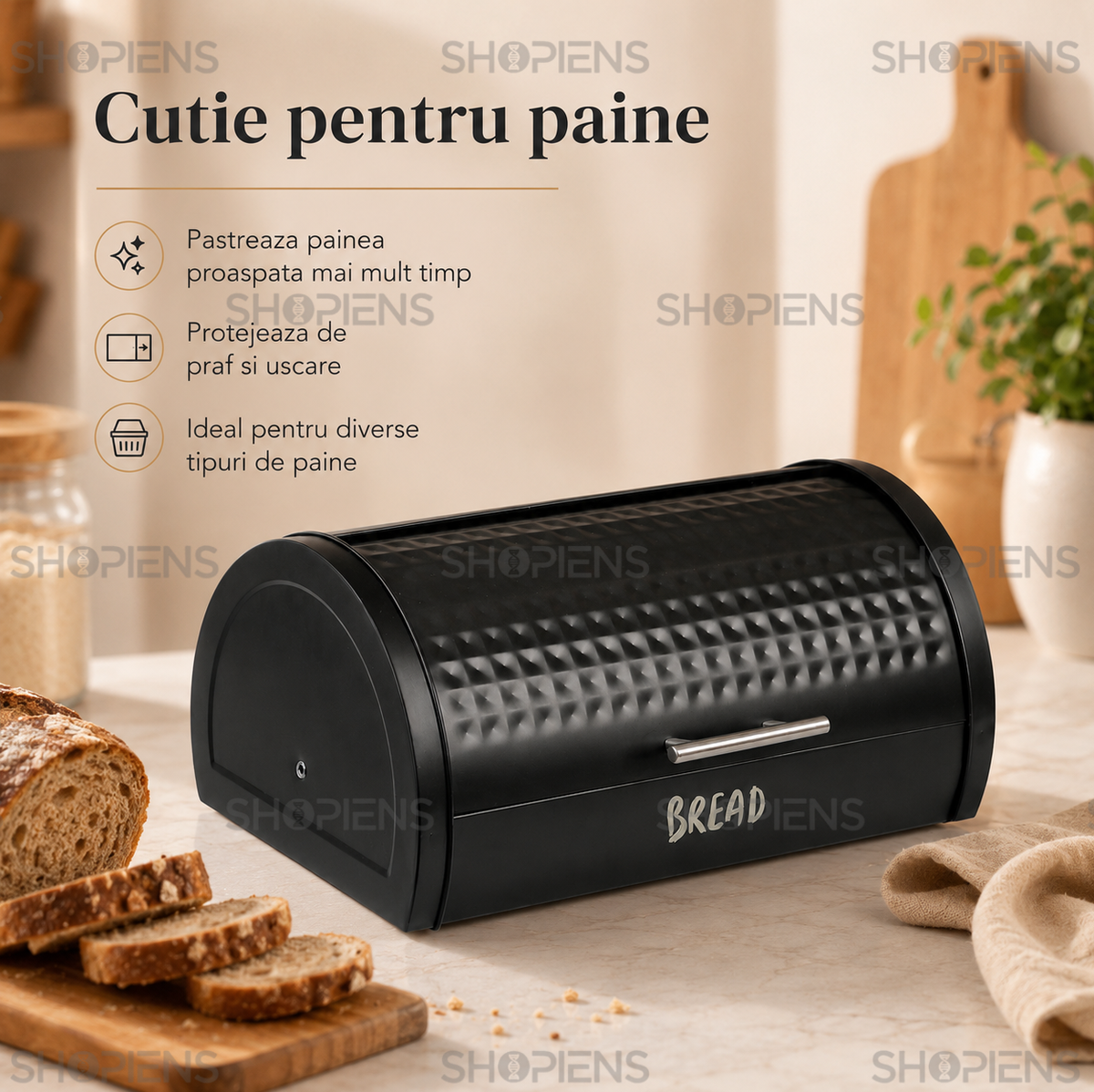 Cutie metalica pentru paine argintiu si negru, cu usa glisanta, 38cm x 28cm x 18.5cm