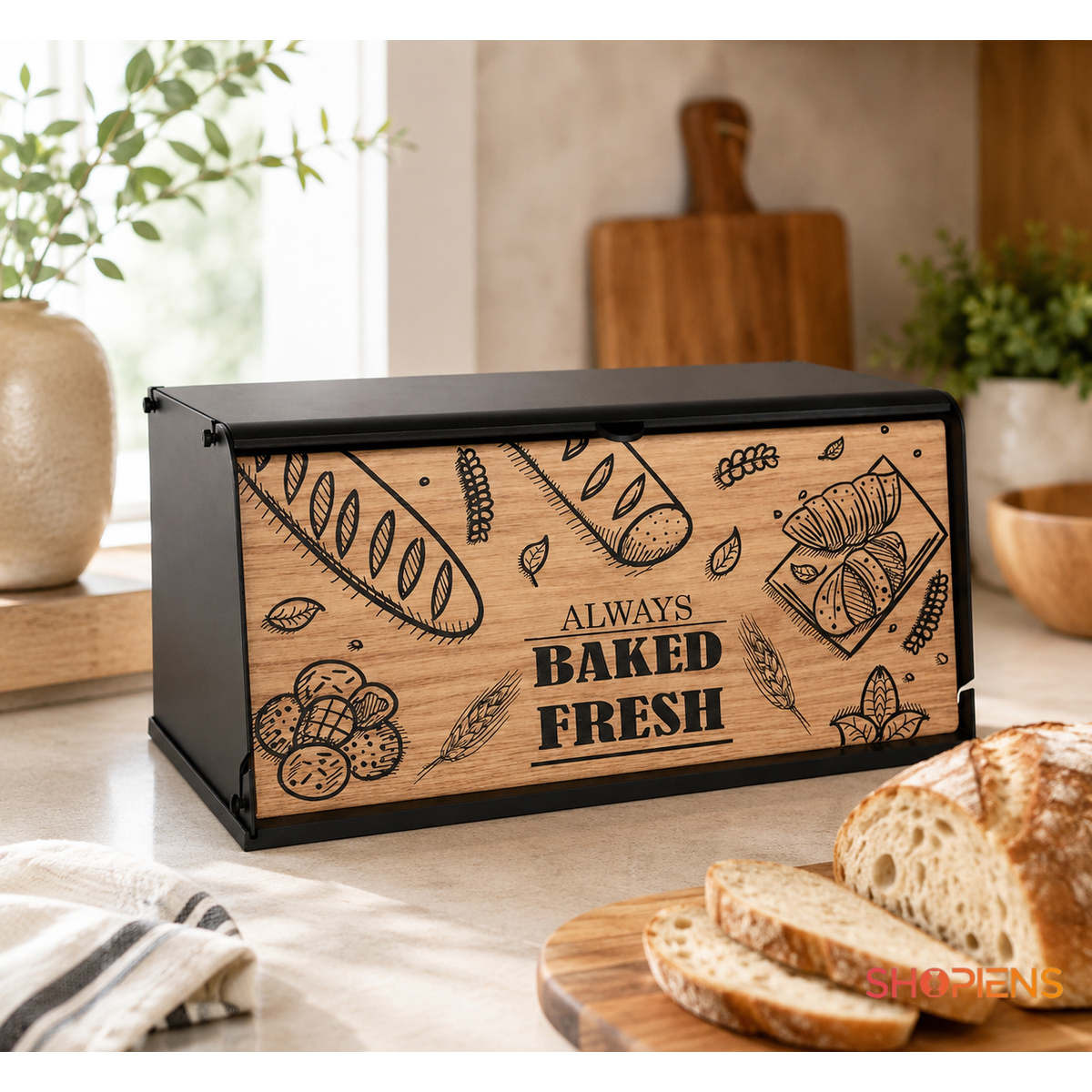 Cutie pentru paine lemn si negru, cu tocator inclus, 40.5cm x 21cm x 19cm