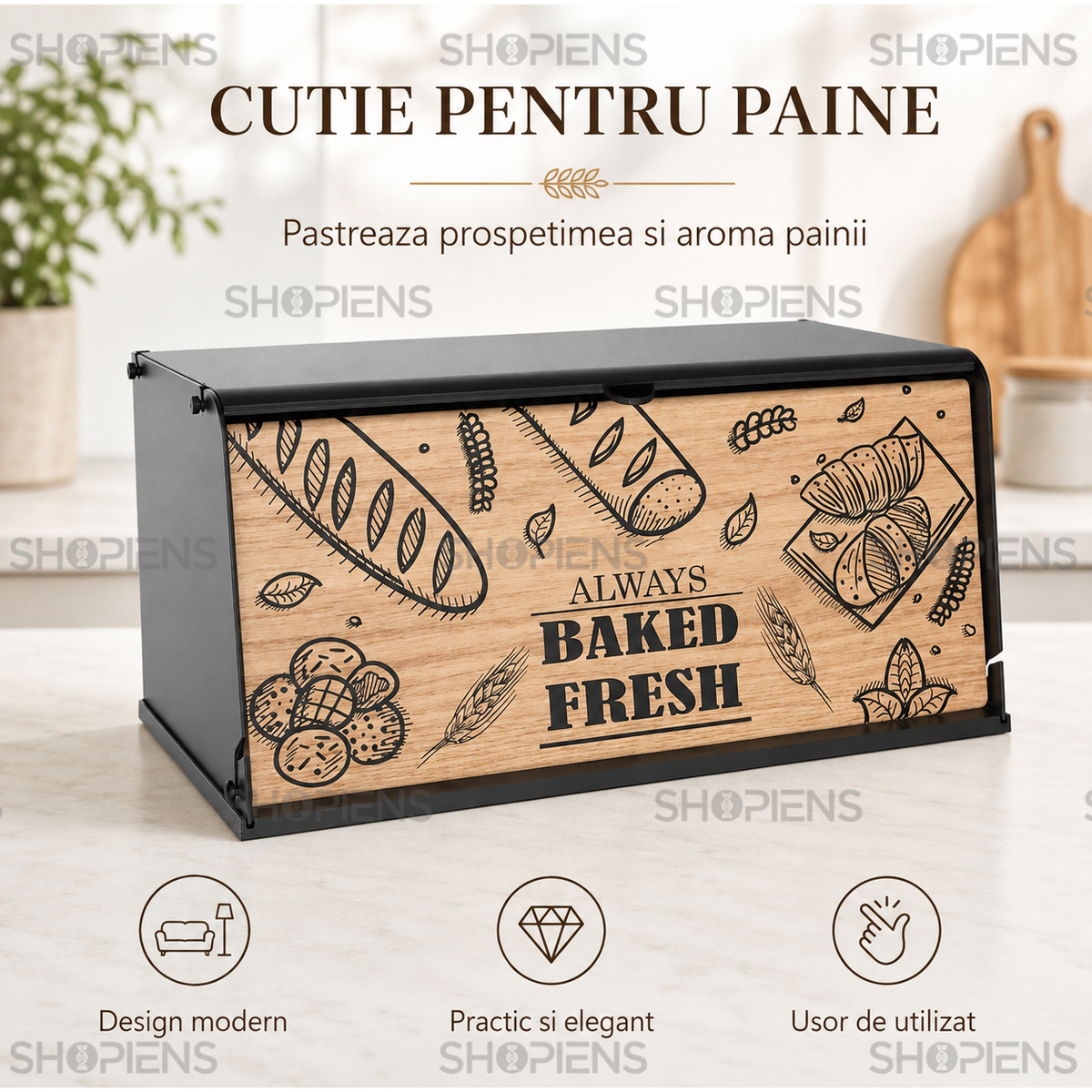Cutie pentru paine lemn si negru, cu tocator inclus, 40.5cm x 21cm x 19cm
