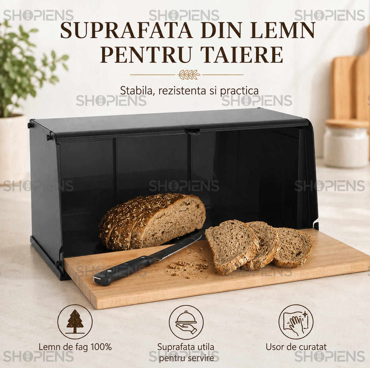 Cutie pentru paine lemn si negru, cu tocator inclus, 40.5cm x 21cm x 19cm